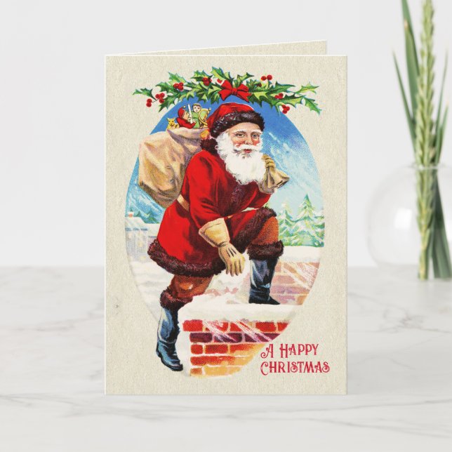Tarjeta Fun Festividad Vintage Santa Regalos Chimney (Anverso)