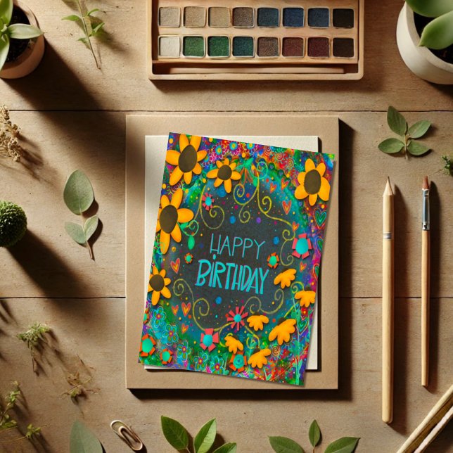 Tarjeta Fun Floral Daisies cumpleaños de moda, colorido (Subido por el creador)