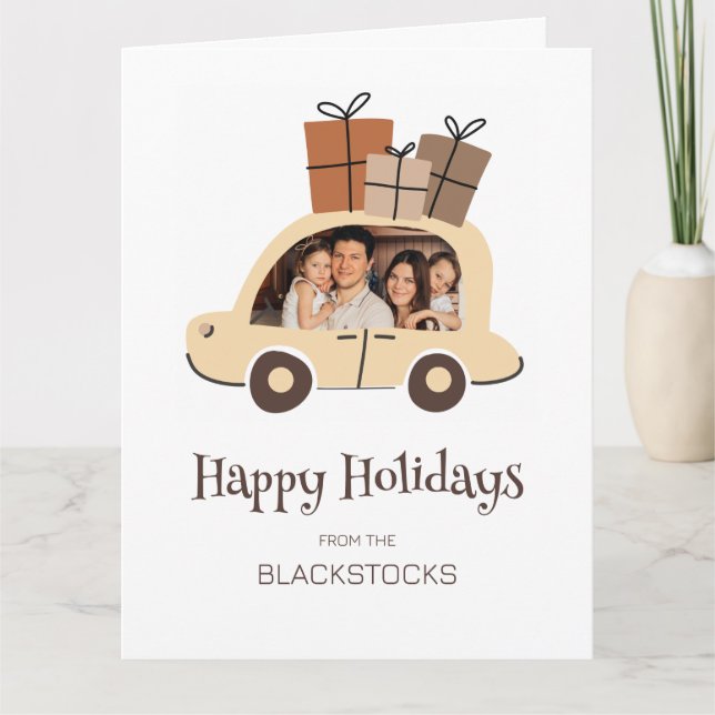 Tarjeta Fun Happy Holidays Navidades Car Family Photo (Anverso)