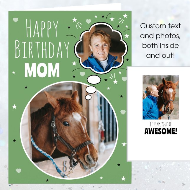 Tarjeta Fun Horse Mom Birday Thought Bubble Photo Green (Subido por el creador)
