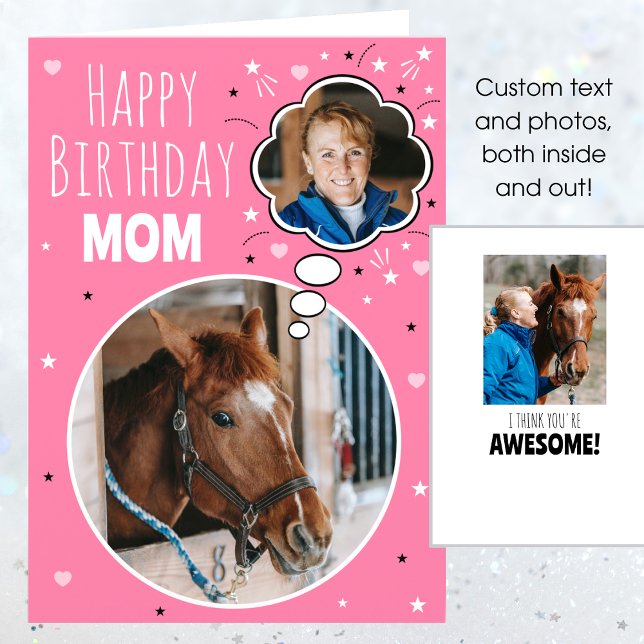 Tarjeta Fun Horse Mom Birday Thought Bubble Photo Pink (Subido por el creador)