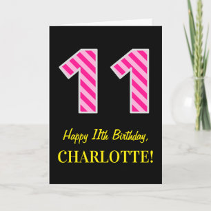 Tarjeta Fun Pink Striped "11"; Feliz 11º cumpleaños; Nombr