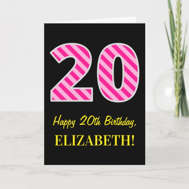 Tarjeta Fun Pink Striped "20"; Feliz 20 cumpleaños; Nombre (Anverso)