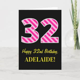 Tarjeta Fun Pink Striped "32"; Feliz cumpleaños 32; Nombre