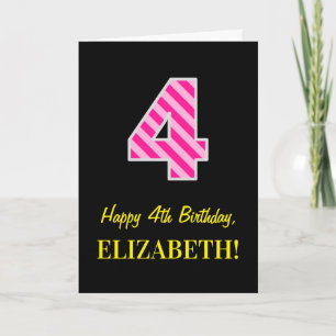 Tarjeta Fun Pink Striped "4"; Feliz cuarto cumpleaños; Nom