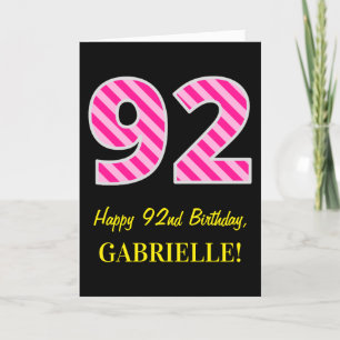 Tarjeta Fun Pink Striped "92"; Feliz cumpleaños 92; Nombre