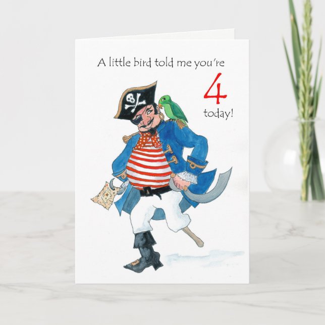 Tarjeta Fun Pirate y el loro en cuarto cumpleaños (Anverso)