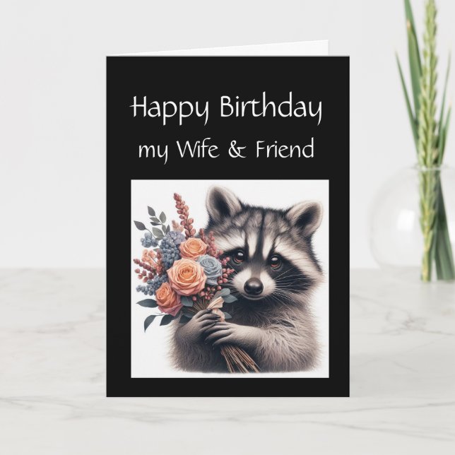Tarjeta Fun Raccoon Esposa Amor Flores de Cumpleaños (Anverso)