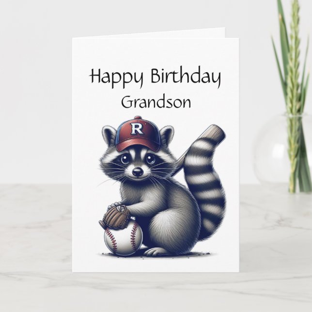 Tarjeta Fun Raccoon Grandson Béisbol Animal de cumpleaños (Anverso)