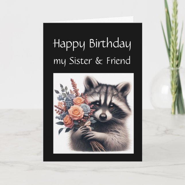 Tarjeta Fun Raccoon Hermana Amo Flores de Cumpleaños (Anverso)
