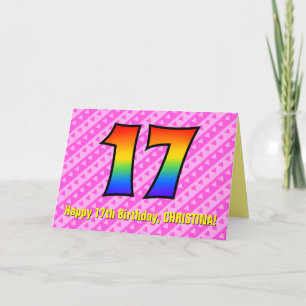Tarjeta Fun rayas rosas, corazones, arcoiris # 17 cumpleañ