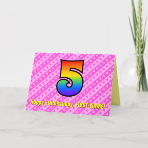 Tarjeta Fun rayas rosas, corazones, arcoiris # 5 cumpleaño