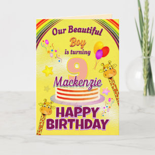 Tarjeta FUN YELLOW Feliz noveno cumpleaños jirafas y globo
