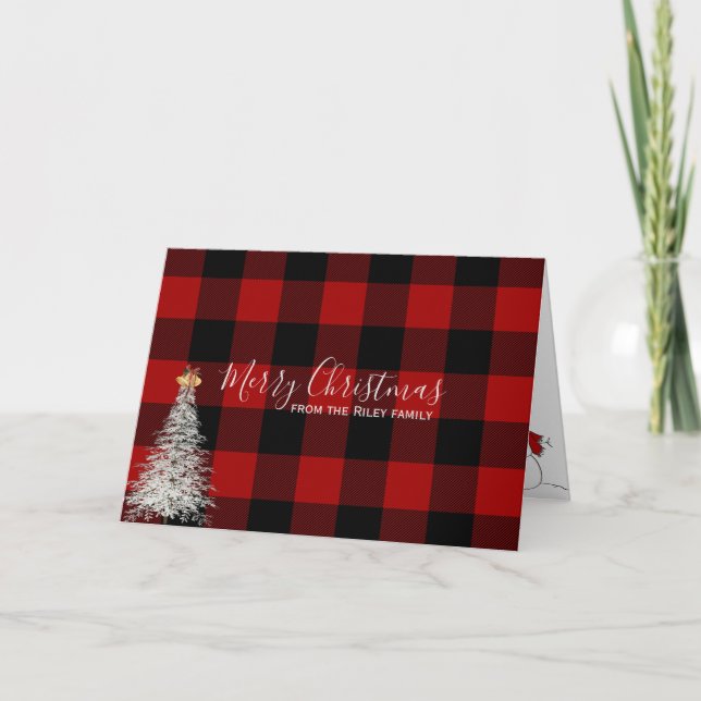 Tarjeta Funda roja y negra con árbol blanco de Navidad (Anverso)