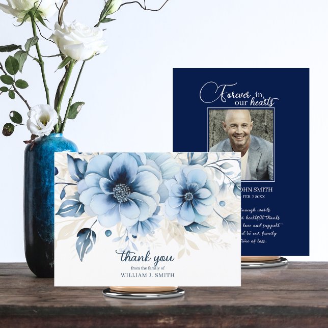 Tarjeta Funeral Love Memory Blue Navy GRACIAS | FOTO (Funeral In Loving Memory Blue Navy THANK YOU with PHOTO. Watercolor flowers.)