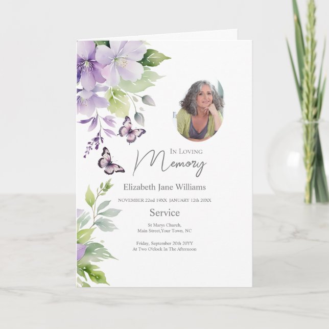 Tarjeta Funeral Purple Floral Orden de Servicio 4 Foto (Anverso)
