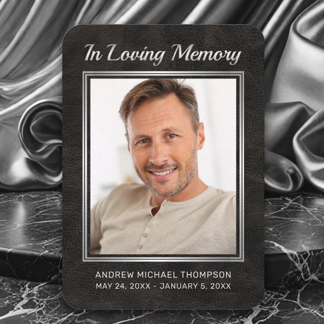 Tarjeta funeraria conmemorativa de plata de cuero  (In Loving Memory Faux Black Leather with silver Photo Funeral Card with Poem)