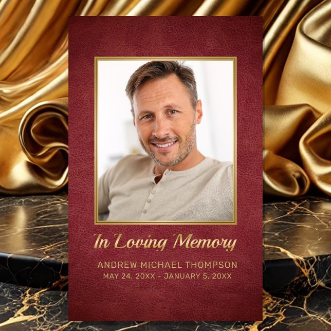 Tarjeta funeraria de fotos de oro en memoria amoro (Sympathy In Loving Memory Red Faux Leather Photo Funeral Card with personalized Poem or Prayer)