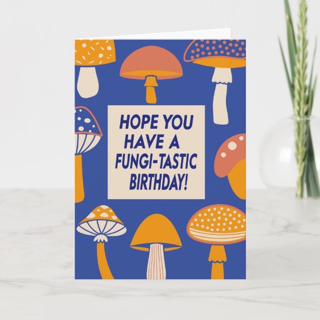 Tarjeta Fungi Fungi Mushroom Pun Cita Retro Blue Birday (Anverso)