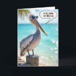 Tarjeta Funny 65th Birthday Pelican<br><div class="desc">Un pelícano con gafas de sol se sienta confiado en un muelle de madera a orillas del mar para cumplir 65 años. Se puede cambiar todo el texto.</div>
