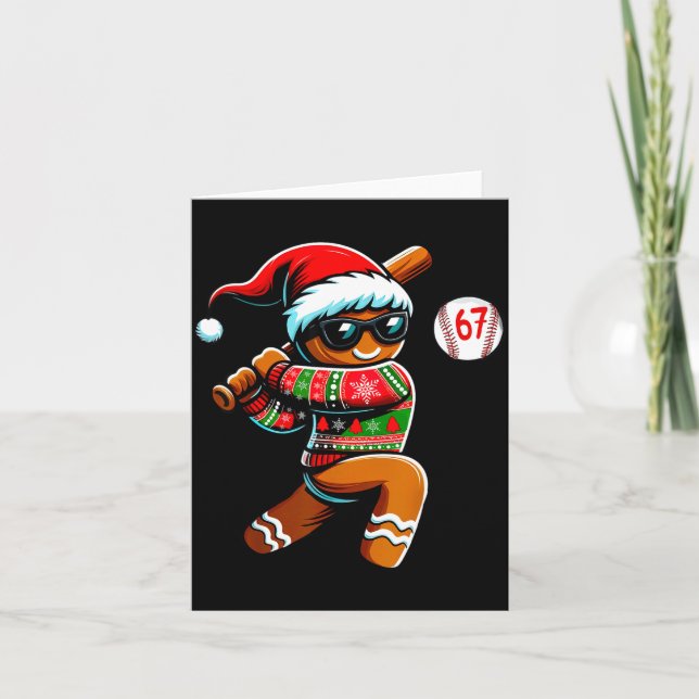 Tarjeta Funny 67 Gingerbread Man Playing Baseball Christma (Anverso)