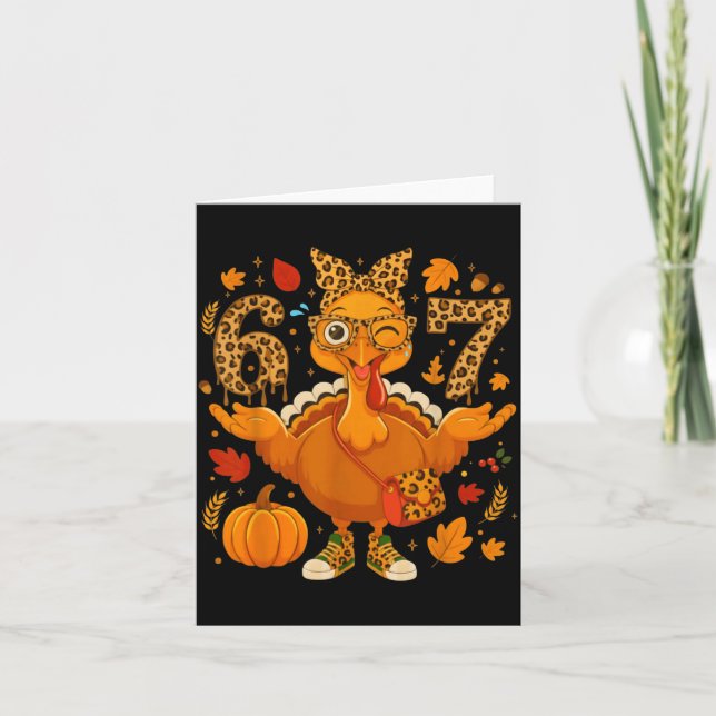 Tarjeta Funny 6 7 Thanksgiving Leopard Bow Turkey Six Seve (Anverso)
