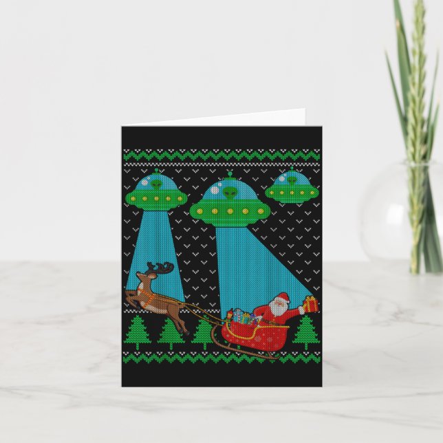 Tarjeta Funny Alien Ufo Santa Sleigh Ugly Christmas Sweate (Anverso)