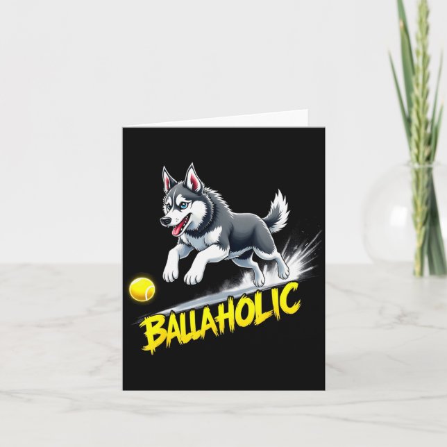 Tarjeta Funny Ballaholic Siberian Husky Dog Chasing Ball  (Anverso)