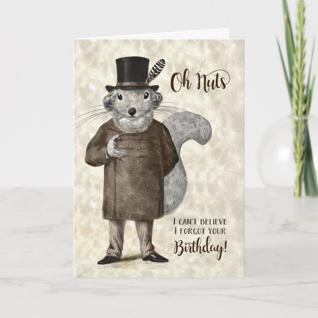 Tarjeta Funny Belated Birthday Squirrel in a Suit and Hat (Anverso)