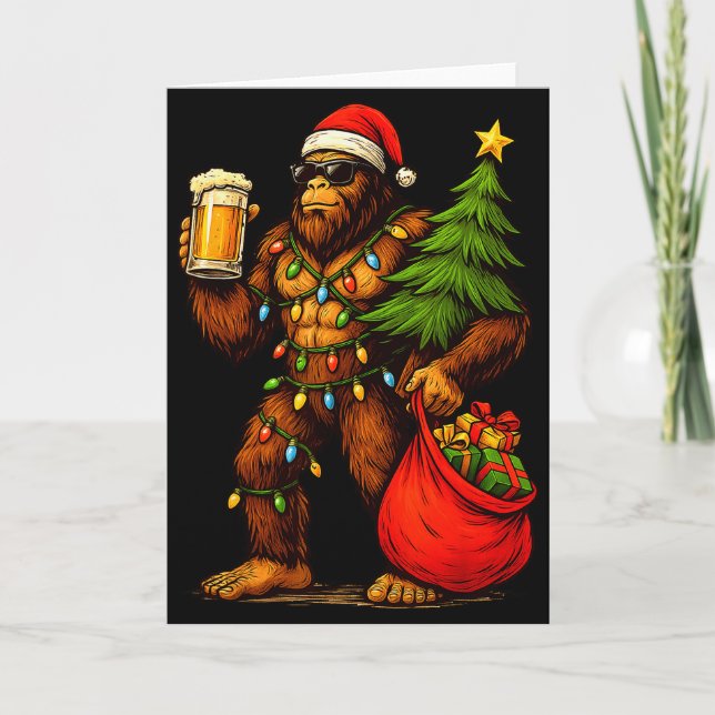 Tarjeta Funny Big Foot Santa Hat Drink Christmas Tree Xmas (Anverso)