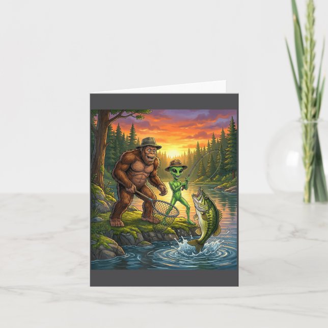 Tarjeta Funny Bigfoot Fishing Mens Alien Sasquatch Fishing (Anverso)