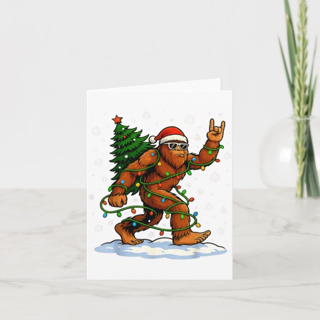 Tarjeta Funny Bigfoot Rock On Christmas Lights Snow Holida (Anverso)
