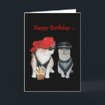 Tarjeta Funny Biker Cat Birthday<br><div class="desc">Una divertida pareja de ciclistas gatos. Bubba, un gato grande y macizo con una bandana roja, chaleco de cuero negro y gafas de sol. Y Missy en un gorra de cuero y bandana negra y plateada. Se puede personalizar todo el texto. Se puede personalizar para la mujer, moviendo el quequito...</div>