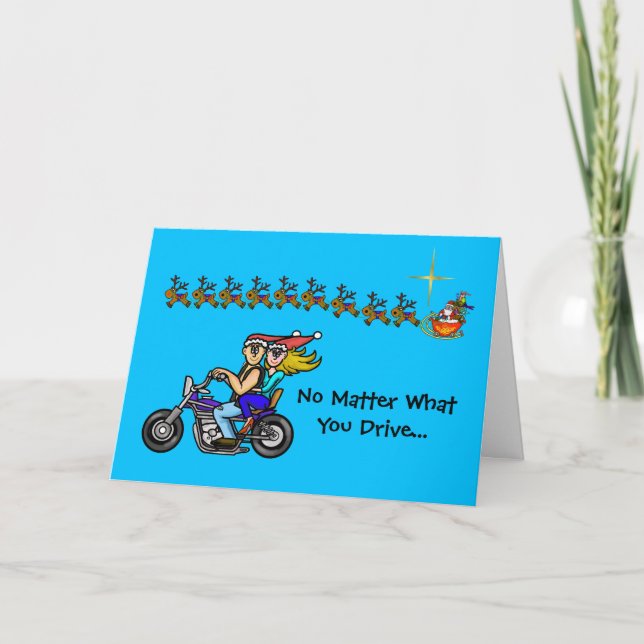 Tarjeta Funny Biker Couple Santa Sleigh Navidades Card (Anverso)
