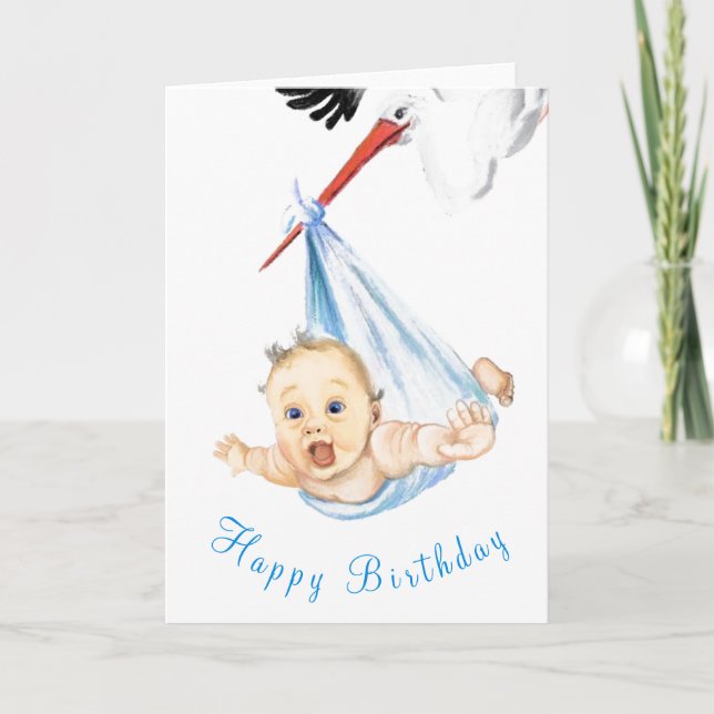 Tarjeta Funny Birthday Card Stork llevando al bebé (Anverso)