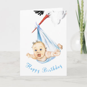 Tarjeta Funny Birthday Card Stork llevando al bebé