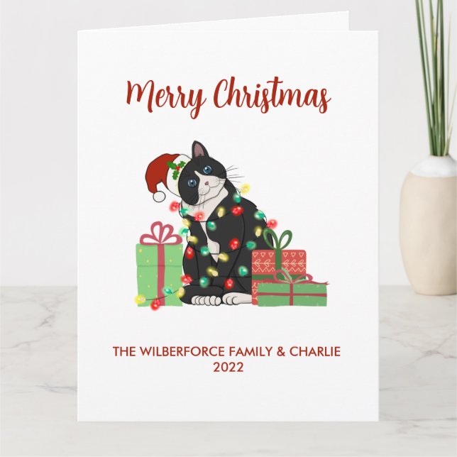 Tarjeta Funny Black Cat and Lights Navidades (Anverso)