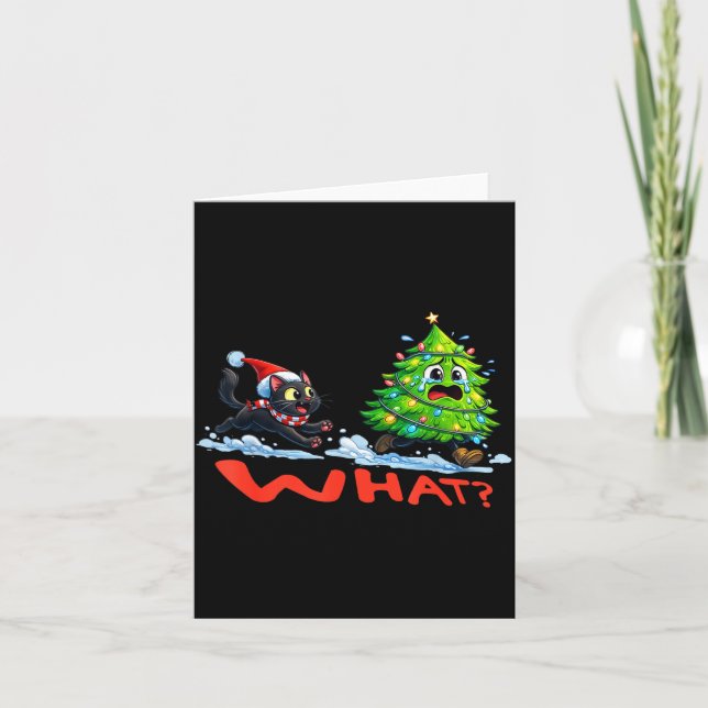 Tarjeta Funny Black Cat Chasing Christmas Tree Over Cat Wh (Anverso)