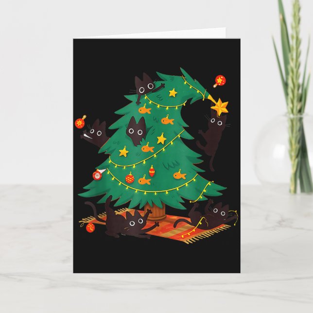 Tarjeta Funny Black Cat Christmas Tree  (Anverso)