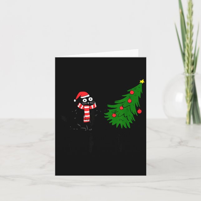 Tarjeta Funny Black Cat Gift Pushing Christmas Tree Over C (Anverso)