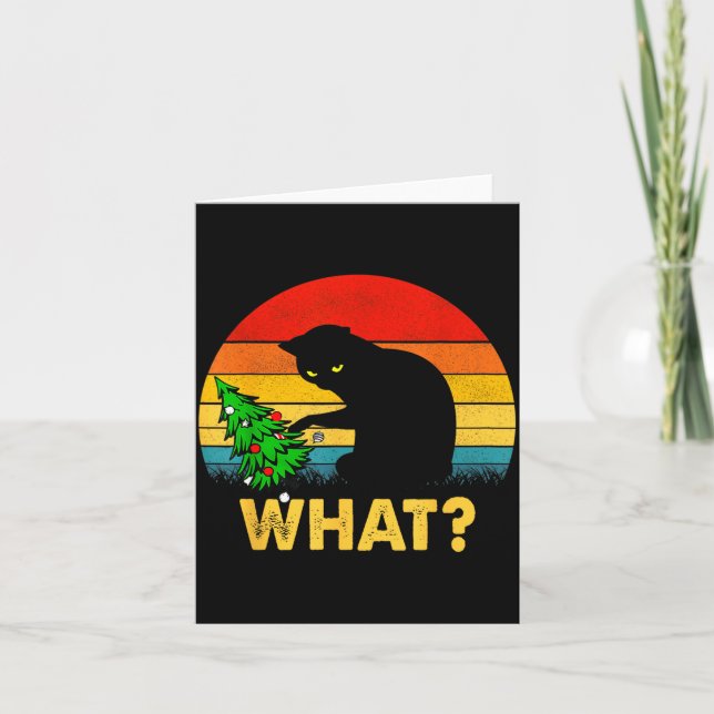 Tarjeta Funny Black Cat Gift Pushing Christmas Tree Over C (Anverso)