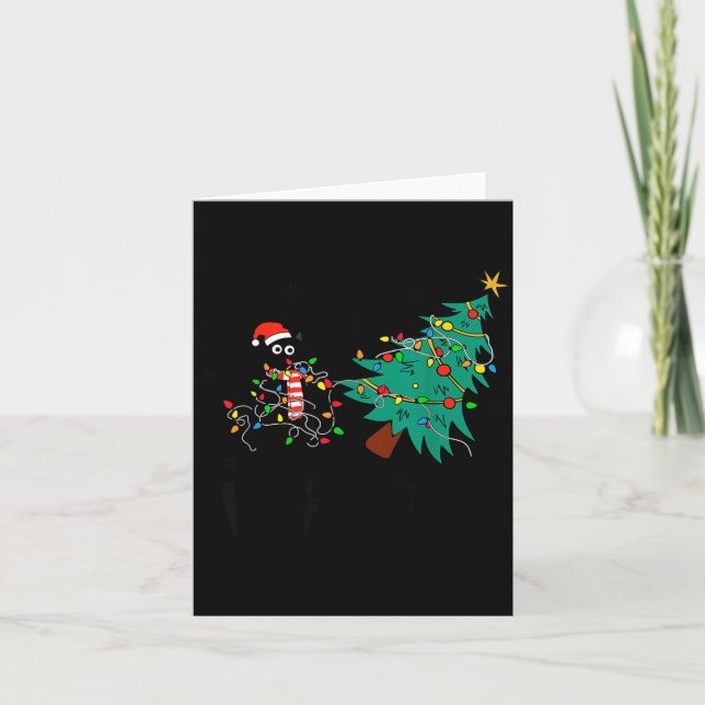 Tarjeta Funny Black Cat Gift Pushing Christmas Tree Over C (Anverso)