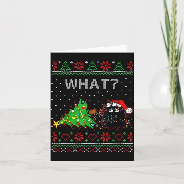 Tarjeta Funny Black Cat Gift Pushing Christmas Tree Over C (Anverso)