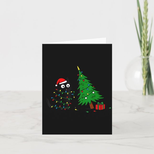 Tarjeta Funny Black Cat Pushing 67 Christmas Tree Over Cat (Anverso)
