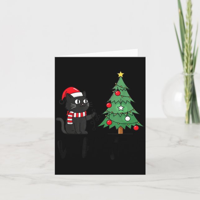 Tarjeta Funny Black Cat Pushing Christmas Tree Over Cat Wh (Anverso)