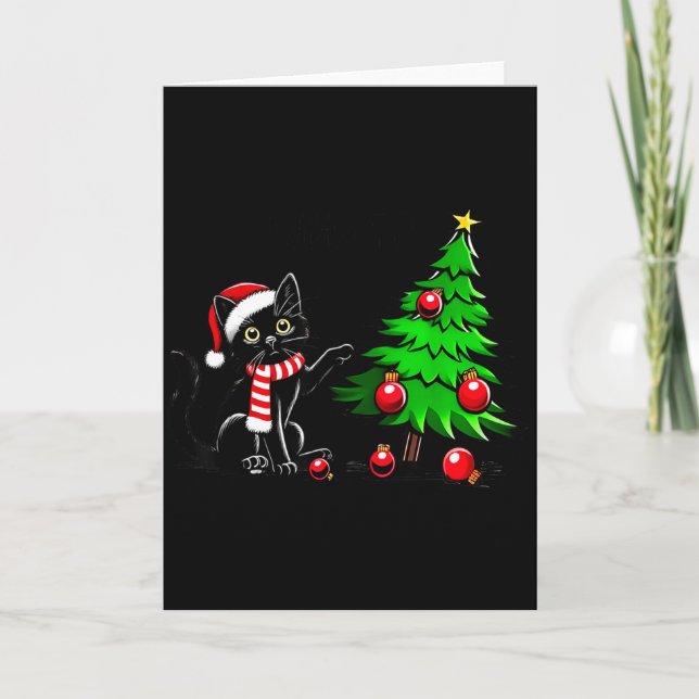 Tarjeta Funny Black Cat Pushing Christmas Tree Over Cat Wh (Anverso)