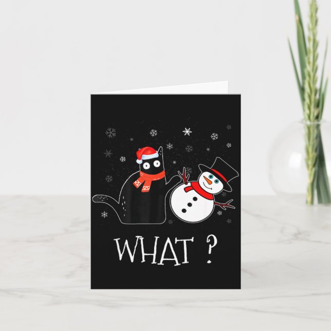 Tarjeta Funny Black Cat Pushing Snowman Christmas Winter C (Anverso)