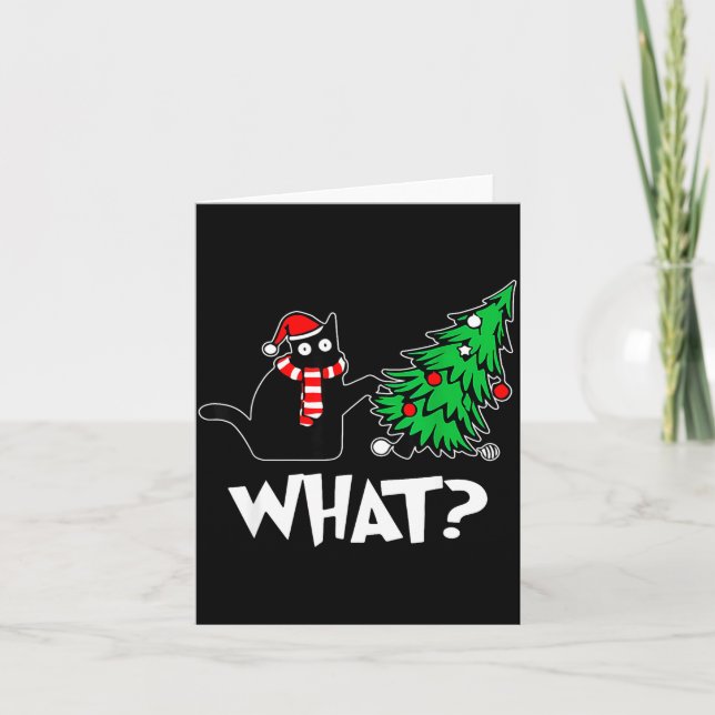 Tarjeta Funny Black Cat Xmas Pushing Christmas Tree Over C (Anverso)