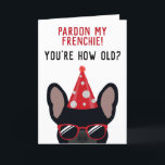 Tarjeta Funny Black French Bulldog Birthday<br><div class="desc">Esta graciosa tarjeta de cumpleaños de bulldog francés seguramente pondrá una sonrisa en la cara del niño de cumpleaños o chica que tiene sentido del humor. El diseño presenta un ilustracion de un bulldog francés de color negro de aspecto fresco, que lleva un gorra fiesta rojo y gafas de sol...</div>