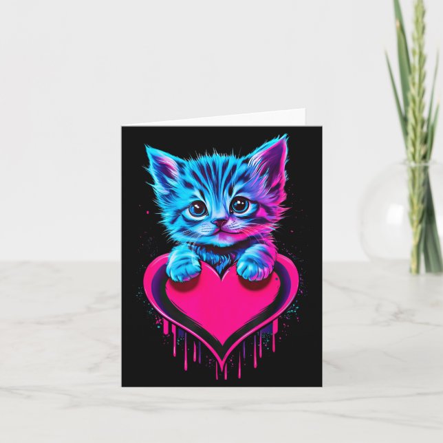 Tarjeta Funny Blacklight Glitch Art Cute Cat Kitten Valent (Anverso)